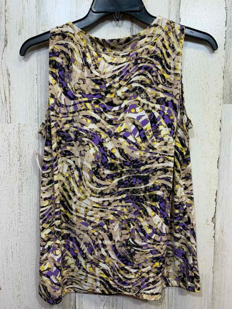 PRE-OWNED KASPER Tops Size M blk/prpl ABSTRACT SLEEVELESS Blouse/PLEATED SCOOP N