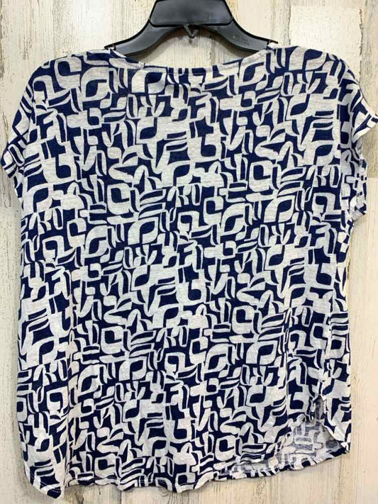 PRE-OWNED TAHARI Tops Size XL WHITE/NAVY ABSTRACT SHORT SLEEVES Shirt/WHITE/NAVY