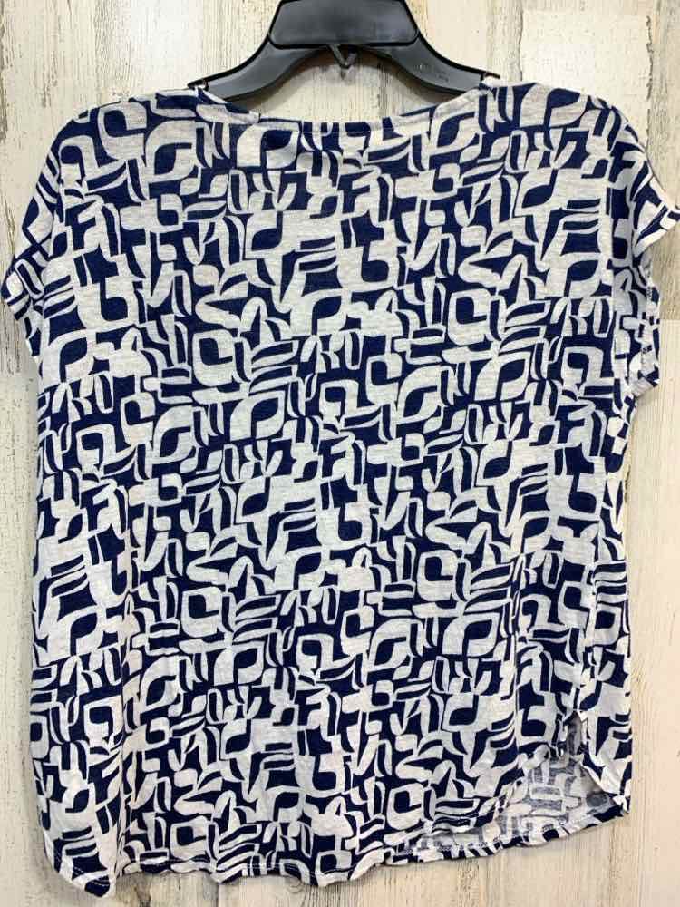 PRE-OWNED TAHARI Tops Size XL WHITE/NAVY ABSTRACT SHORT SLEEVES Shirt/WHITE/NAVY