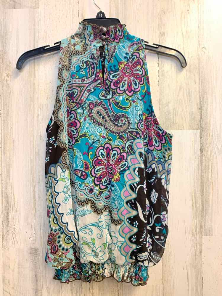 PRE-OWNED IZ Amy Byer Tops Size L AQUA/BLK PAISLEY/FLORAL SLEEVELESS TOP