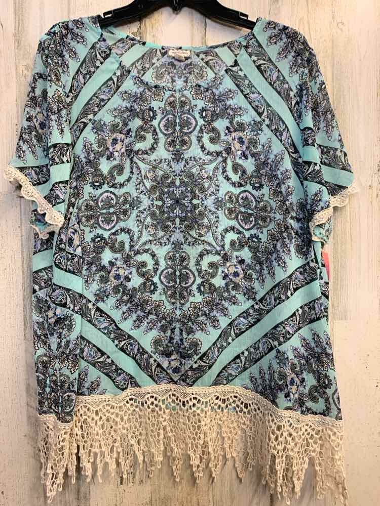 EYESHADOW PLUS SIZES Size 2X MINT/BLK SHEER FILIGREE SHORT SLEEVES TOP