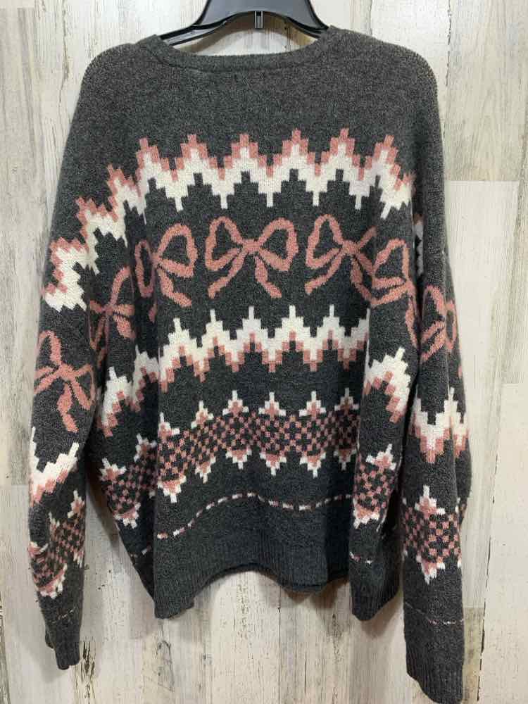 PRE-OWNED Size XL Tops GREY BEVERLY AND BECK SWEATER W/ PINK BOW AND WHITE DESI