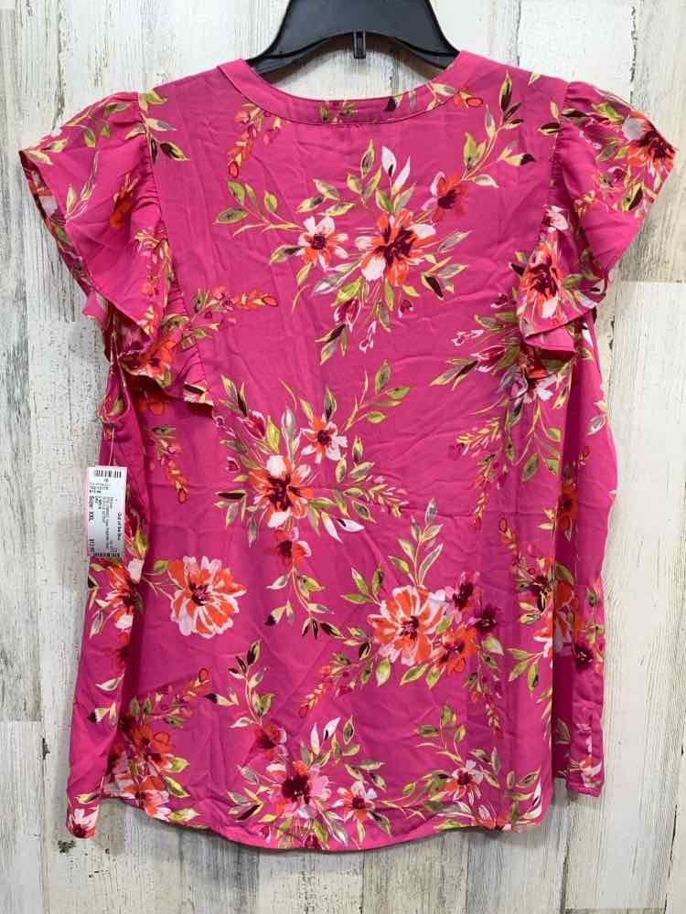 PRE-OWNED DR2 Tops Size XXL PNK/GRN Floral RUFFLE SLEEVE Blouse/V NECK