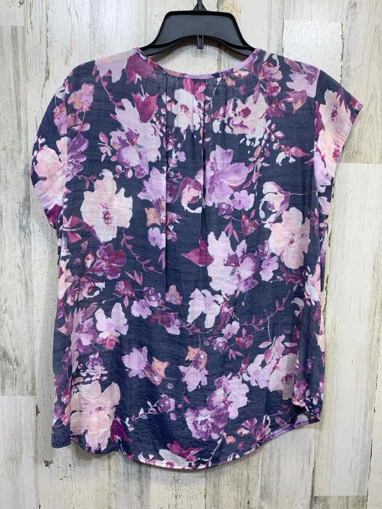 PRE-OWNED LIZ CLAIBORNE Tops Size L BLK/BGE/PNK Floral SHORT SLEEVES Blouse