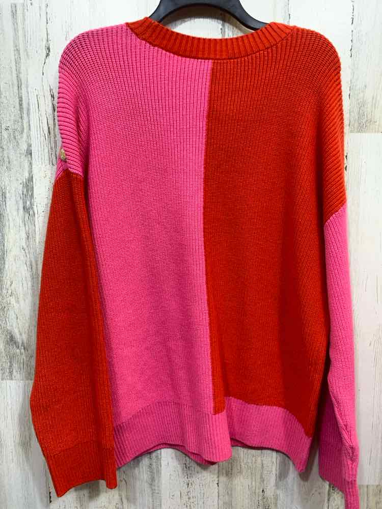 NWOT ON 34TH Size XL RED/PNK RIB KNIT LONG SLEEVE/SHOULDER GOLD BUTTONS SWEATER