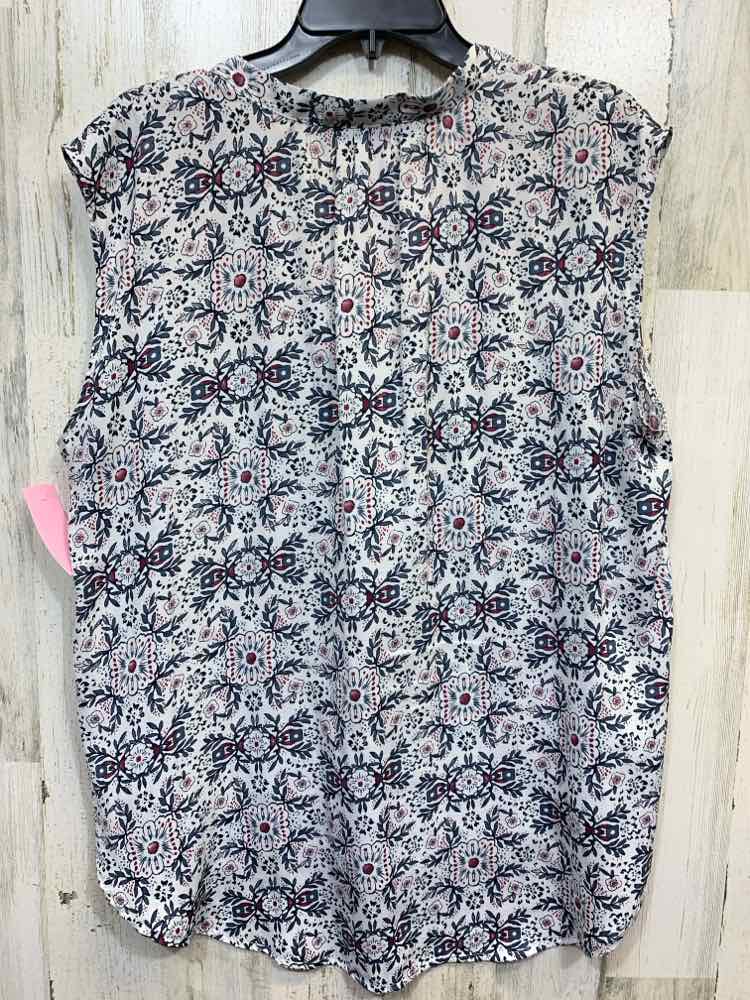 PRE-OWNED LOFT ANN TAYLOR Tops Size L WHITE/AEGAN/MUAVE Floral Blouse/SHORT SLEE