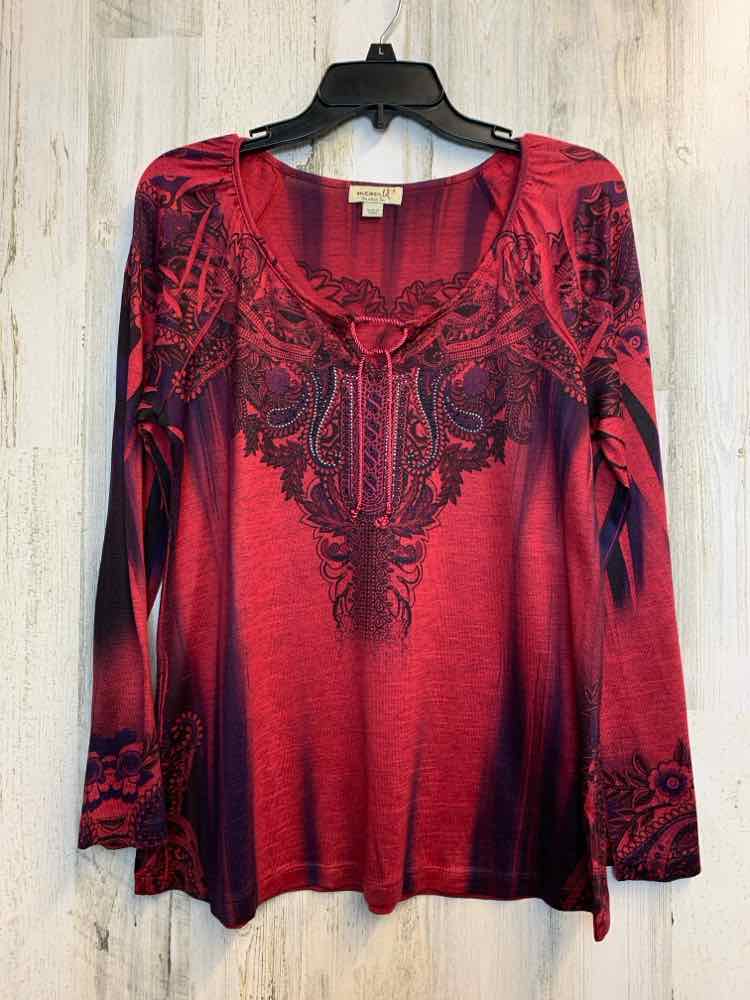 PRE-OWNED ONE WORLD Tops Size S RED/BLK/PRPL LONG SLEEVES TOP/RHINESTONES+FRONT