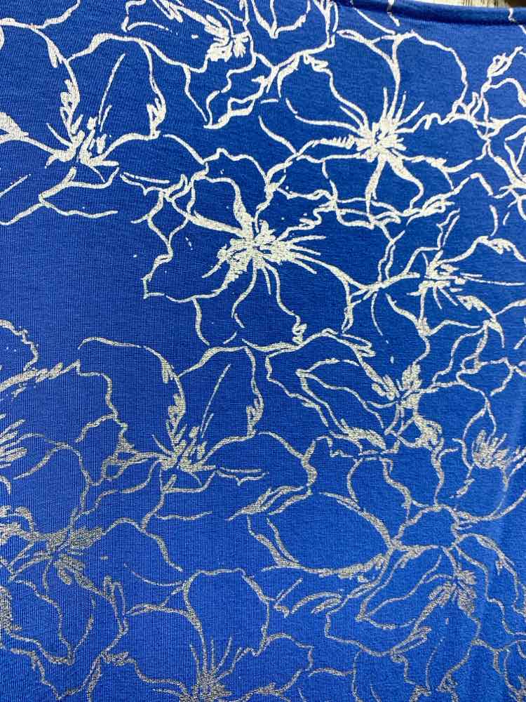 PRE-OWNED JM COLLECTION Tops Size L BLU/SILVER Floral SHORT SLEEVES Blouse