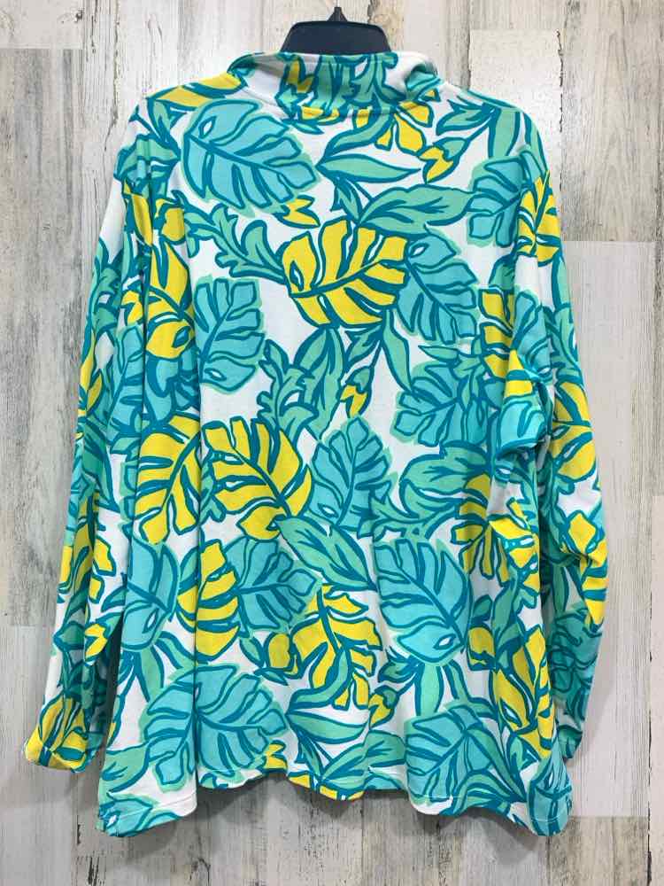 PRE-OWNED KIM ROGERS PLUS SIZES Size 3X WHT/TEAL/YEL TROPICAL Shirt/LONG SLEEVE