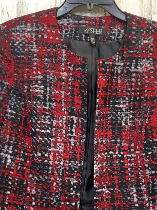 PRE-OWNED KASPER JACKETS / COATS Size 10P RED/BLACK/GRAY DIGITAL SQUARES Jacket