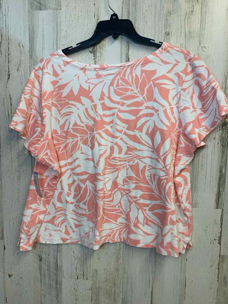 KIM ROGERS PLUS SIZES Size 2X PEACH/WHITE LEAVES SHORT SLEEVES TOP