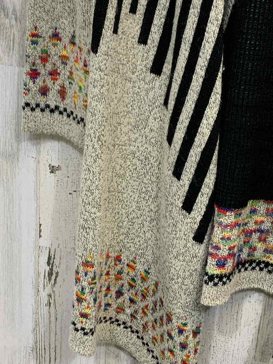 PRE-OWNED FRAZZLE Tops Size M BEG/BLK TRIBAL CARDIGAN Cardigan/OPEN FRONT BEIGE/