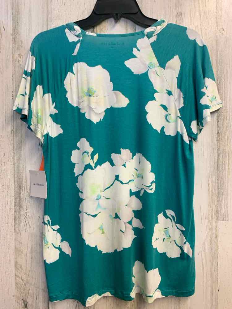 NWT CROFT & BARROW Tops Size M TEAL/WHT Floral SHORT SLEEVES TOP