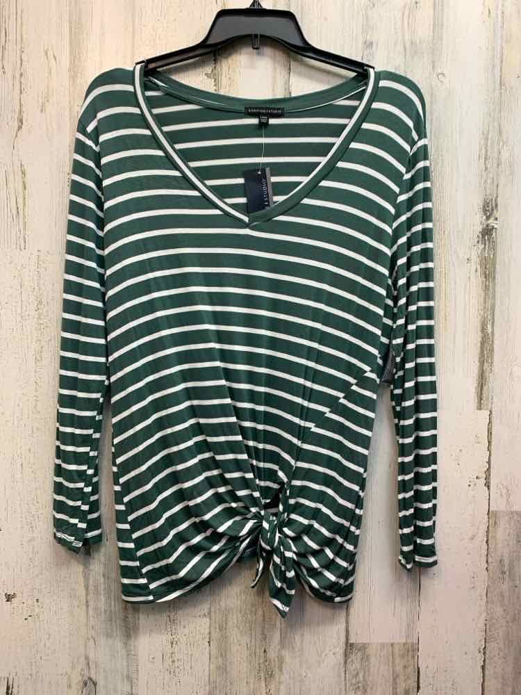 NWT SIGNATURE STUDIO Tops Size L GRN/WHT Stripe LONG SLEEVES TOP