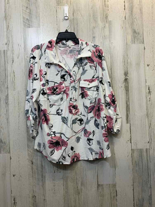 PRE-OWNED EMILY DANIELS Tops Size XL WHITE/BLACK/MUAVE Floral LONG SLEEVES TOP/F