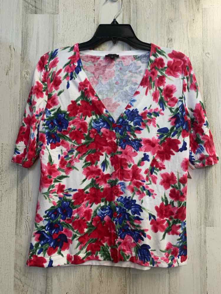 TALBOTS Tops Size M HT PINK/WHT/BLU/GRN Floral SHORT SLEEVES Cardigan