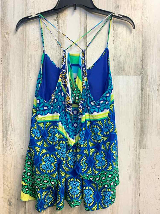 PRE-OWNED STYLUS Tops Size L GRN/YLW/BLU MULTI-PATTERN SPAGHETTI STRAP TOP