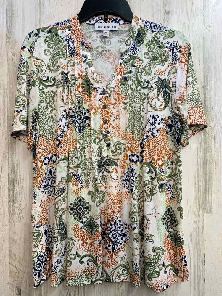PRE-OWNED SOUTHERN LADY Tops Size M GRN/WHT/BRN FLORAL/PAISLEY SHORT SLEEVES TOP