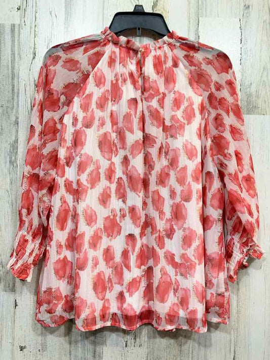 PRE-OWNED ENTRO Tops Size M WHT/RED/YLW Print PUFF SLEEVES Blouse/RUCHED DETAIL