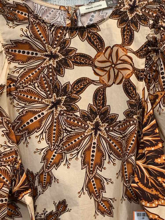MAUDE VIVANTE Tops Size XS BRN/TAN Floral 3/4 LENGTH TOP