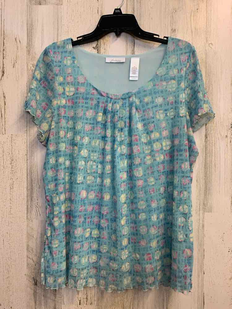 PRE-OWNED JH COLLECTABLES PLUS SIZES Size 2X AQUA CIRCLES TOP TOP/U COLLARD SHIR