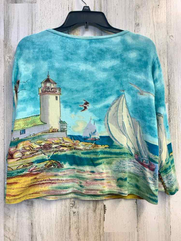 PRE-OWNED TAKE TWO Tops Size L BLU/WHT LIGHTHOUSE LONG SLEEVES TOP