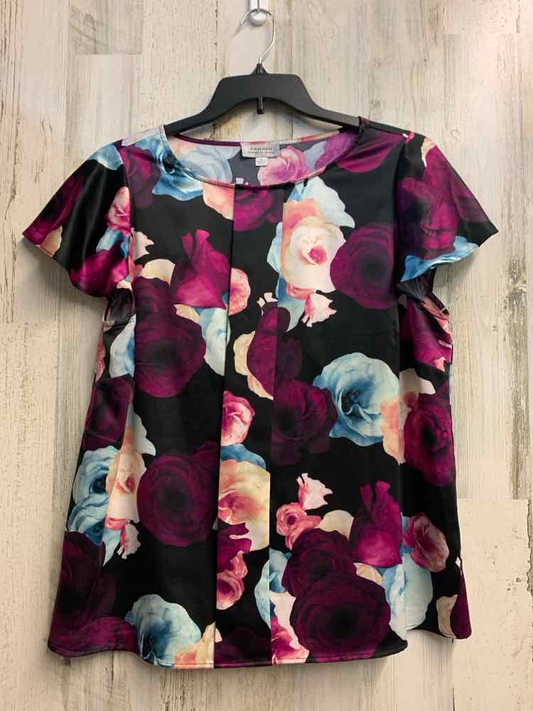 TAHARI PLUS SIZES Size 1X BLK/PUR/BLU ROSES CAP SLEEVE TOP