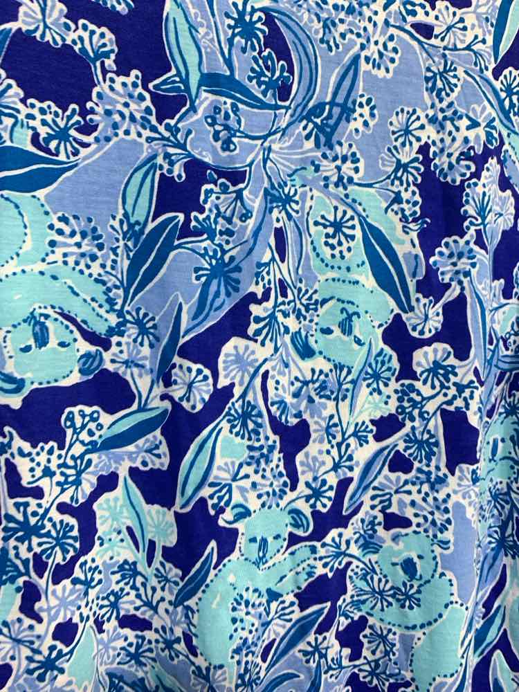PRE-OWNED LILLY PULITZER Tops XS WHT/BLUE/AQUA Floral RUFFLE SLEEVE SCOOP NECK