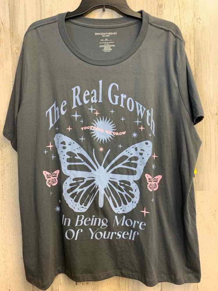 NWT GRAYSON THREADS PLUS SIZES Size 2X Gray BUTTERFLY SHORT SLEEVES TOP