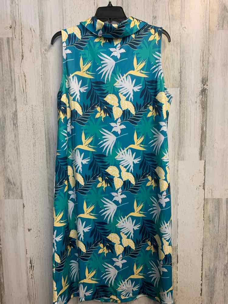 KATE & MALLORY PLUS SIZES Size 1X TEAL/GRN/YEL TROPICAL LEAVES SLEEVELESS Dress