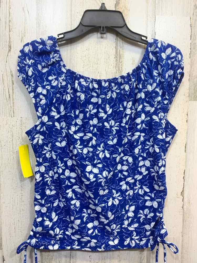 PRE-OWNED THE GENERAL GOOD Size M ROYAL BLUE/WHITE Floral CAP SLEEVE Shirt/ROYAL