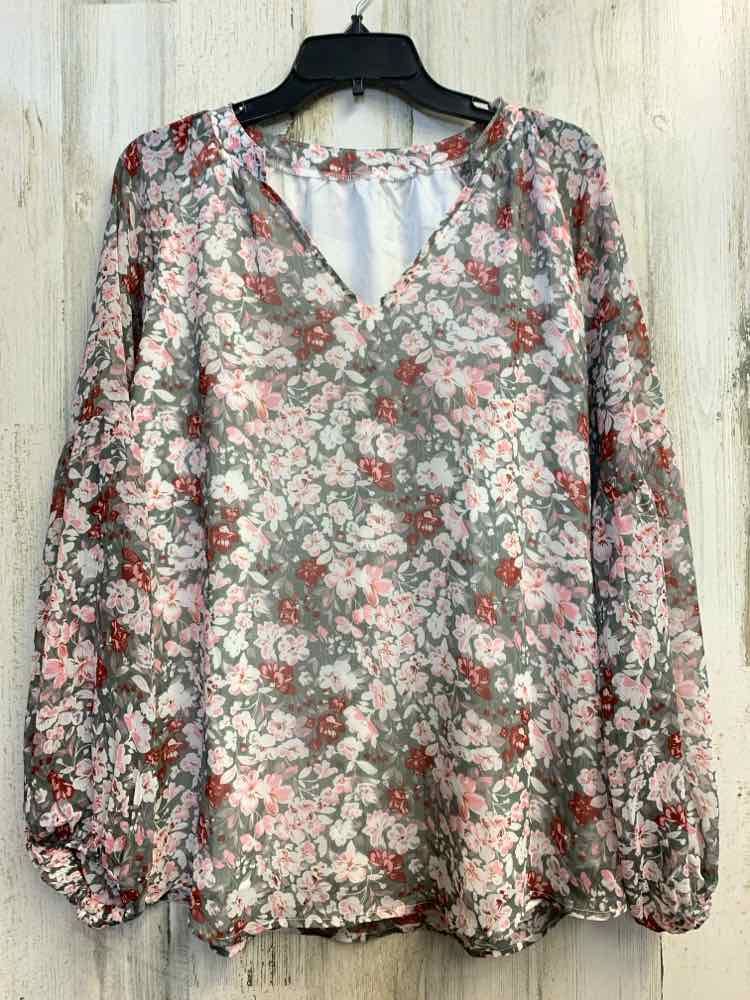 PRE-OWNED Tops Size L GRAY/PNK Floral LONG SLEEVES TOP