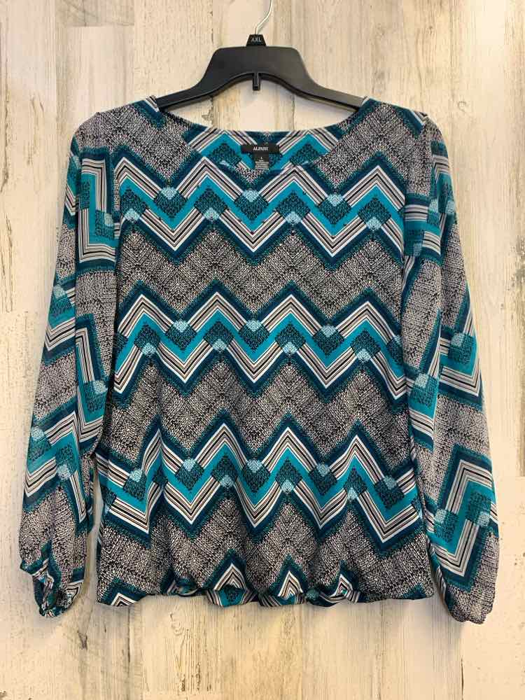 PRE-OWNED ALFANI Tops Size L BLK/WHT/TEAL ZIGZAG, DIAMONDS LONG SLEEVES TOP