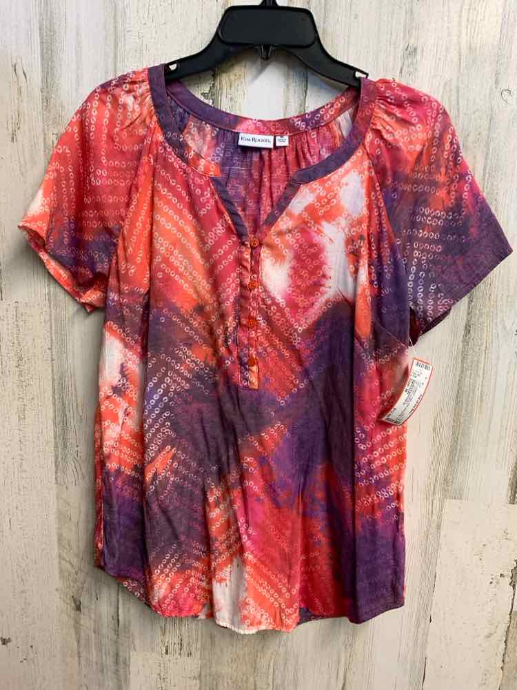 PRE-OWNED KIM ROGERS Tops Size M PRPL/RED/PNK TIE DIE SHORT SLEEVES TOP