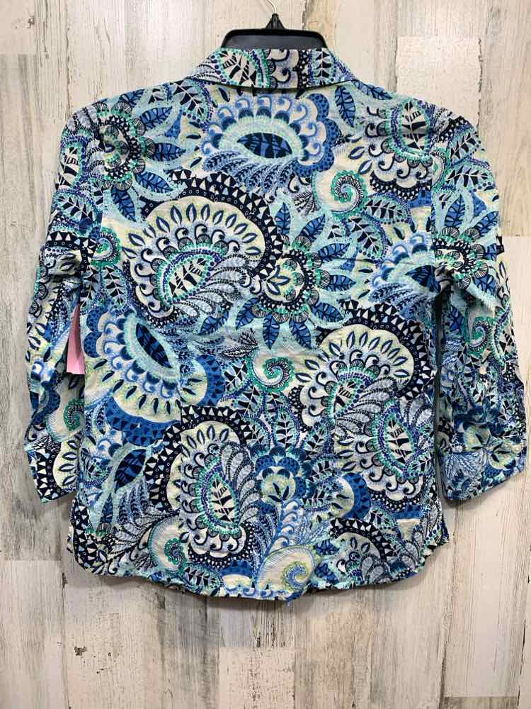 PRE-OWNED VAN HAUSEN Tops Size M BLK/WHT/BLU Floral 3/4 SLEEVE Shirt