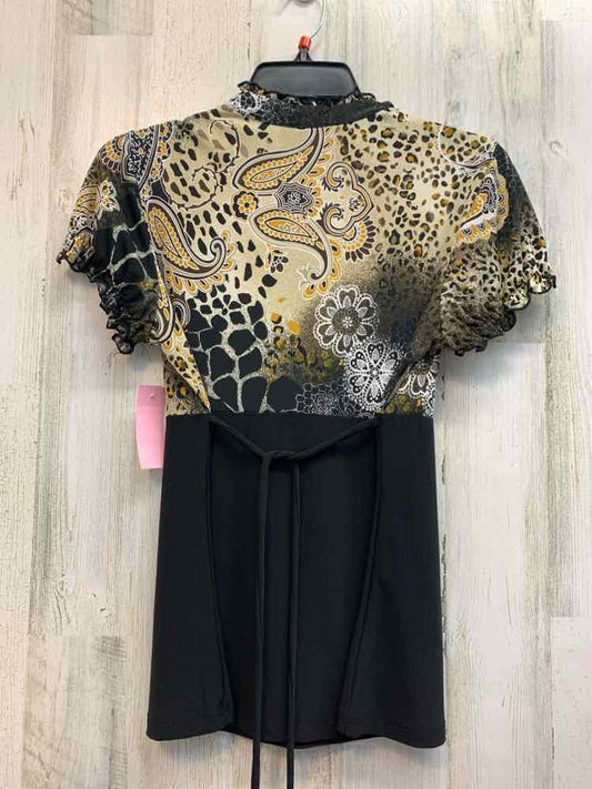 NEW DIRECTIONS Tops Size PM BLK/TAN/YEL PAISLEY/LEOPARD SHORT SLEEVES TOP