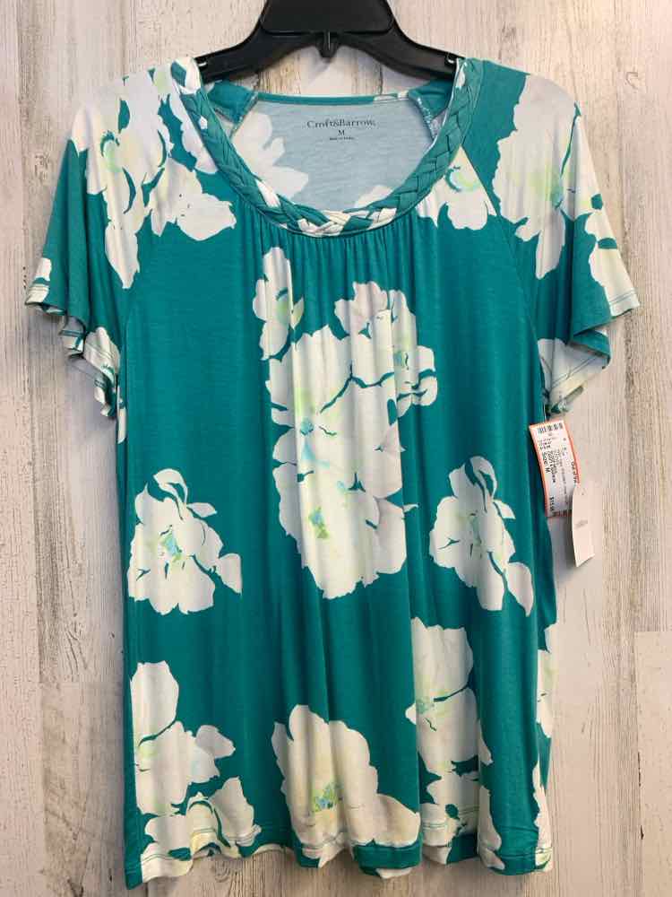 NWT CROFT & BARROW Tops Size M TEAL/WHT Floral SHORT SLEEVES TOP