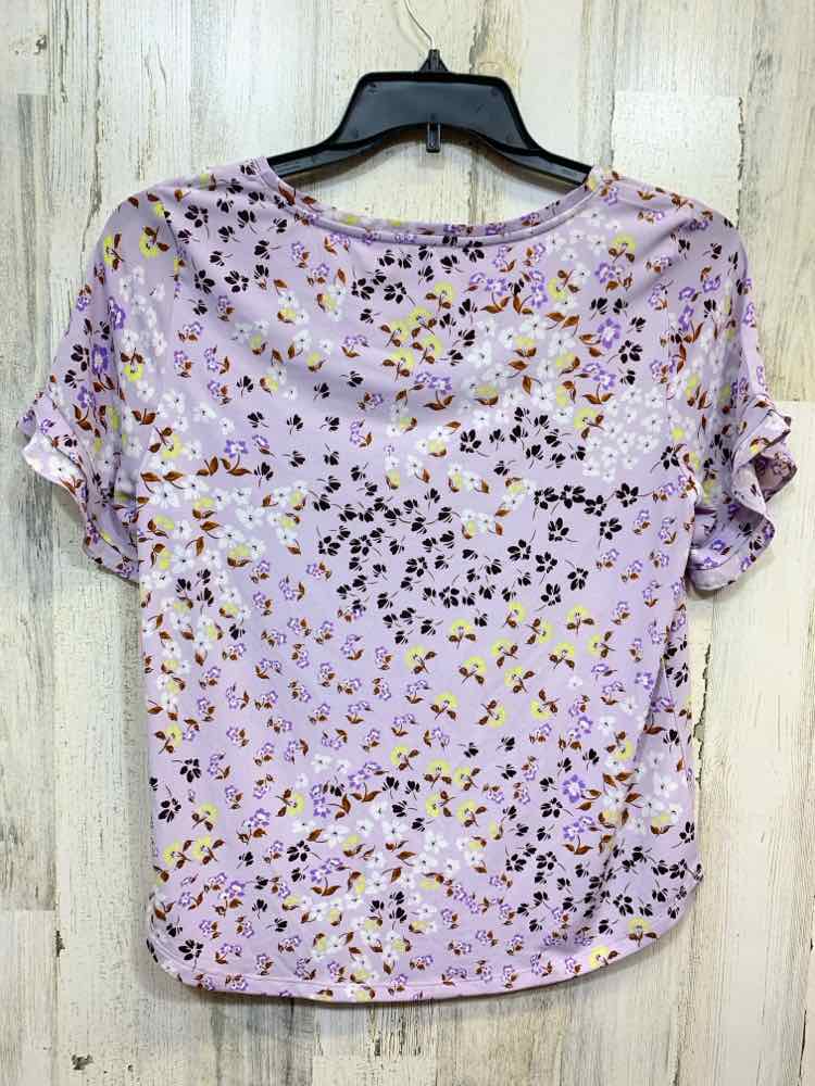 PRE-OWNED ANN TAYLOR Tops Size S Lavender Floral SHORT SLEEVES Blouse/BLK/WHT/LV