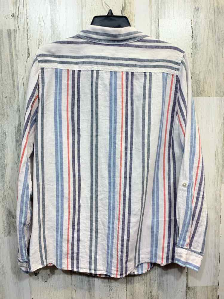 PRE-OWNED JONES & COMPANY Tops Size L WHT/BLU/RED Linen STRIPED BUTTON UP Shirt