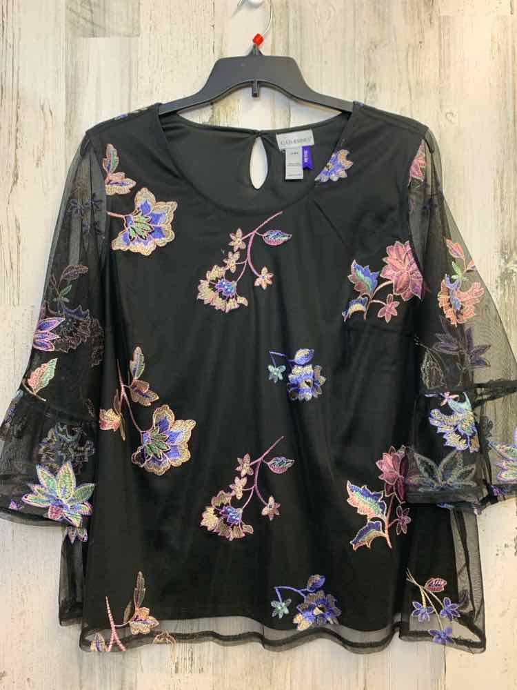 CATHERINES PLUS SIZES Size 1X BLK/PASTELS Floral 3/4 LENGTH TOP