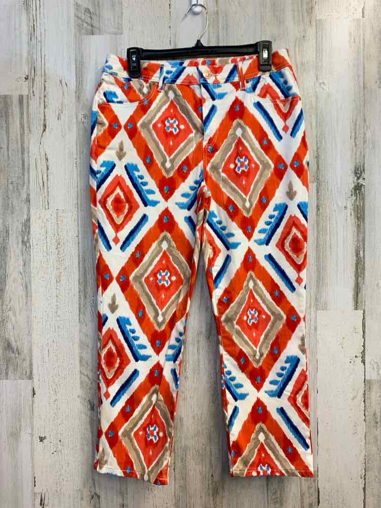 PRE-OWNED Size 6 CHICOS BOTTOMS RED/WHT/TAN DIAMOND STRETCH Pants