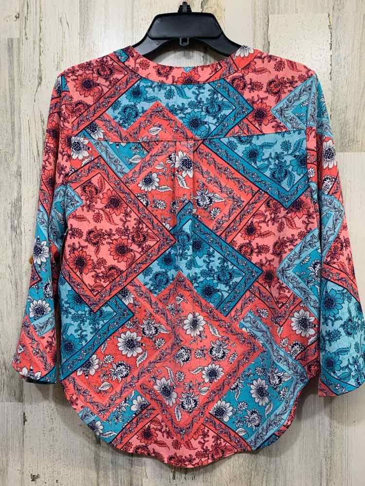 PRE-OWNED RUBY RD Tops Size PM PINK/AQUA/BLK/WHT Floral 3/4 SLEEVE TOP/V CUT BUT