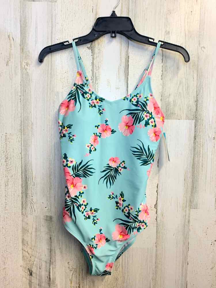 PRE-OWNED Swimwear Size L AQUA Floral SPAGHETTI STRAP Swimsuit