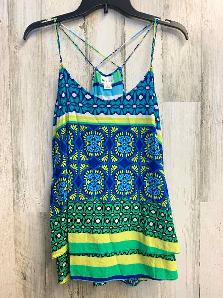 PRE-OWNED STYLUS Tops Size L GRN/YLW/BLU MULTI-PATTERN SPAGHETTI STRAP TOP