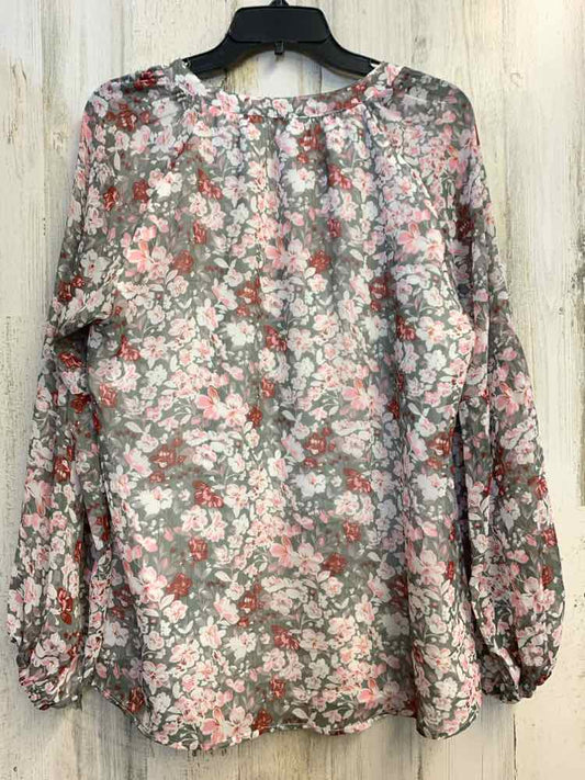 PRE-OWNED Tops Size L GRAY/PNK Floral LONG SLEEVES TOP