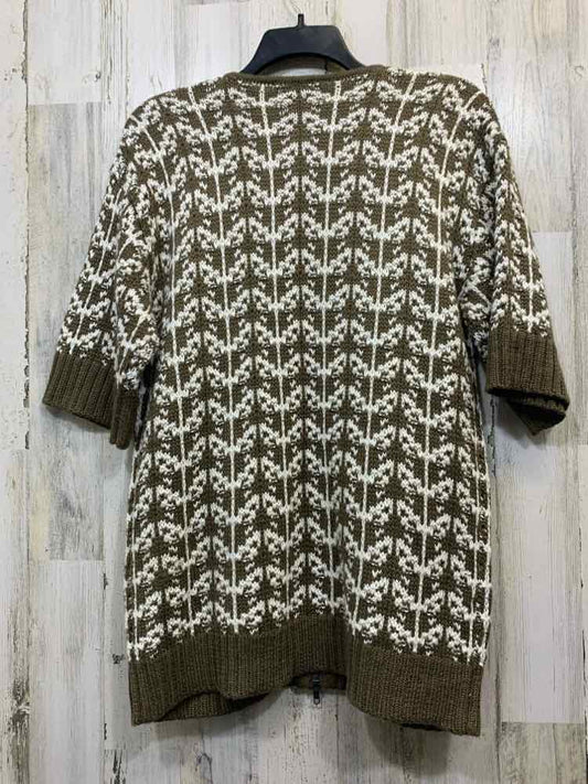PRE-OWNED CHICO'S Tops Size 1 WHT/BRN SHORT SLEEVES ZIP UP KNIT Cardigan
