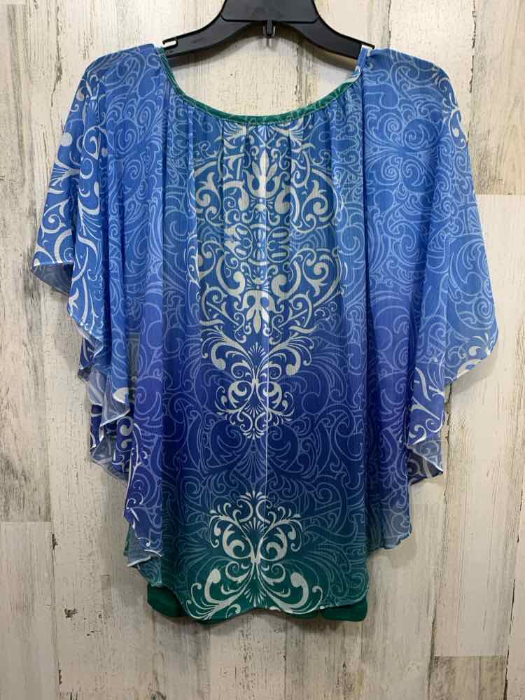 PRE-OWNED LIVE AND LET LIVE Tops Size L BLUE/WHITE ABSTRACT FLOWY Shirt/SHORT SL