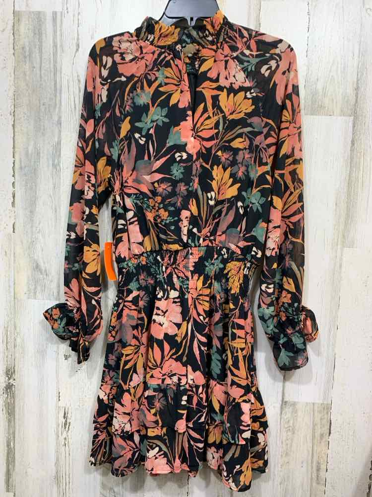 PRE-OWNED VICI/LONG SHEER SLEEVE SMOCKED WAIST TIER RUFFLE HEM HIGH NECK DRESS