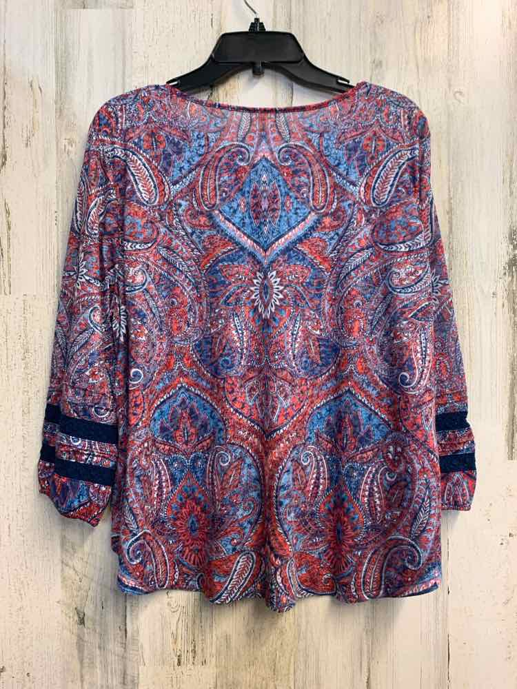 RUBY RD Tops Size XL RED/WHT/BLU Paisley 3/4 LENGTH TOP