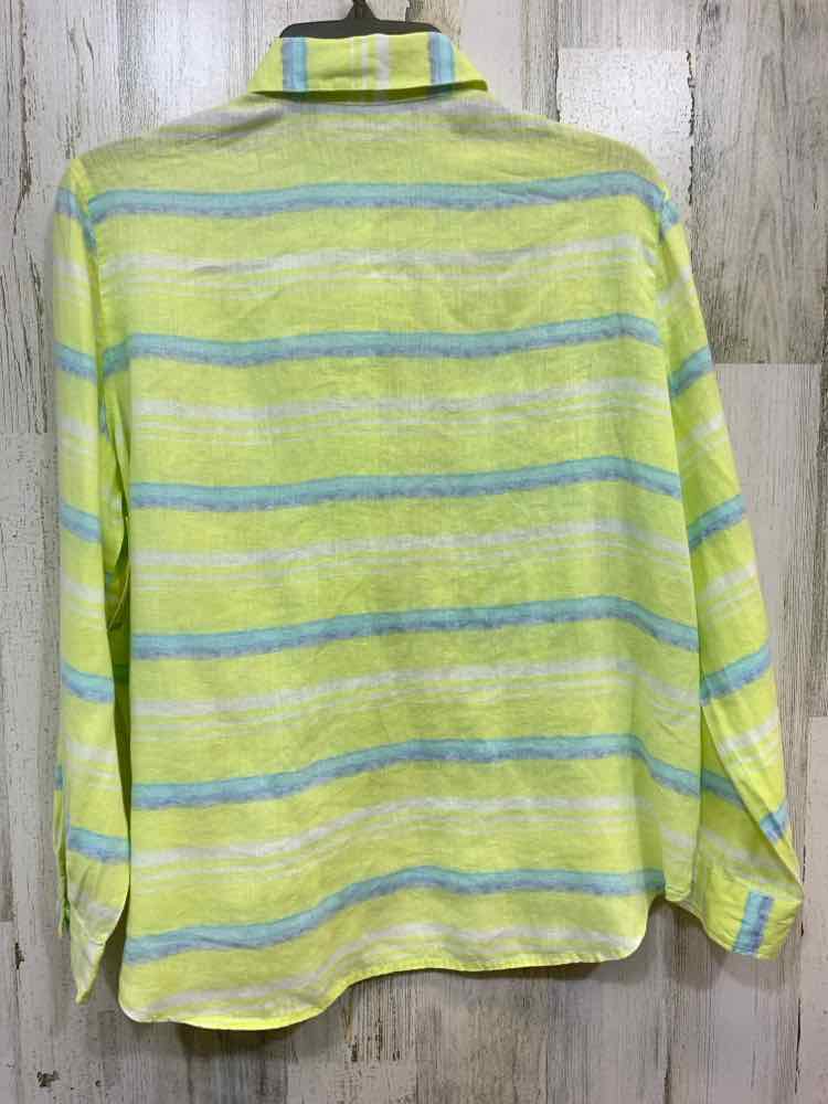 PRE-OWNED KIM ROGERS Tops Size PS NEON YELLOW/WHITE/BLUE STRIPES BUTTON UP Shirt